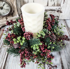 Mini Red Berry Snowy Christmas Winter Pillar Candle Ring