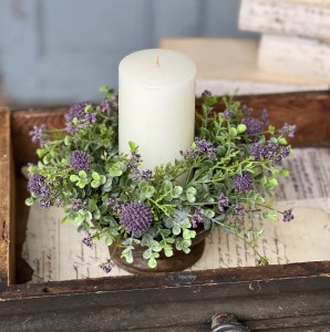 Purple Globe Flower Pillar Candle Ring  Summer Farmhouse