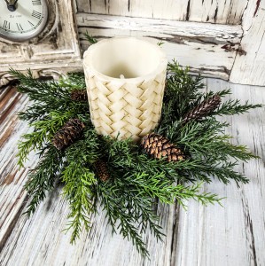 Green Pinecone & Pine Greenery Christmas Holiday Pillar Candle Ring