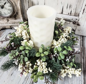 Cream Berry Mixed Greenery Pinecone Christmas Winter Pillar Candle Ring