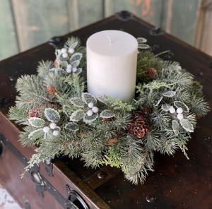 Iced Holly Winter Pine and Pinecone Christmas Holiday Candle Ring Wreath