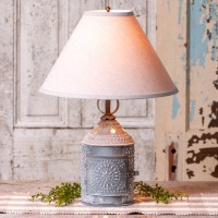 Weathered Cottage Punched Tin Paul Revere Table Lamp with Linen Shade